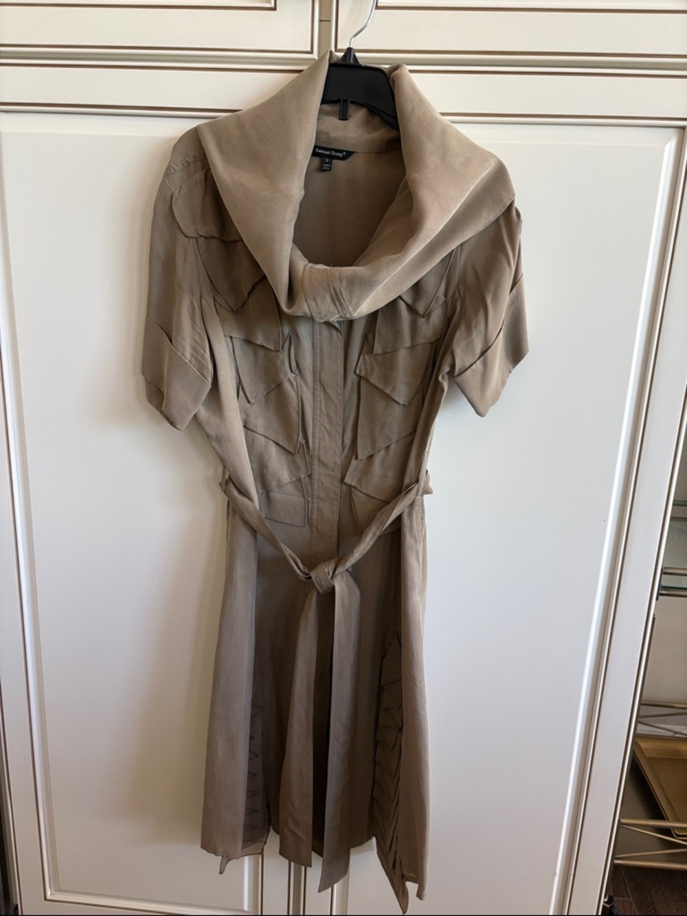 Samuel Dong Taupe Belted Shirt Dress with Draped Collar Size Small
